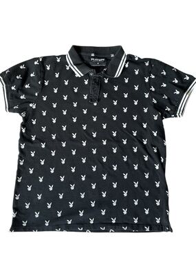 PLAYBOY Black All-Over Logo Polo Shirt White Tipped Trim Size M Unisex